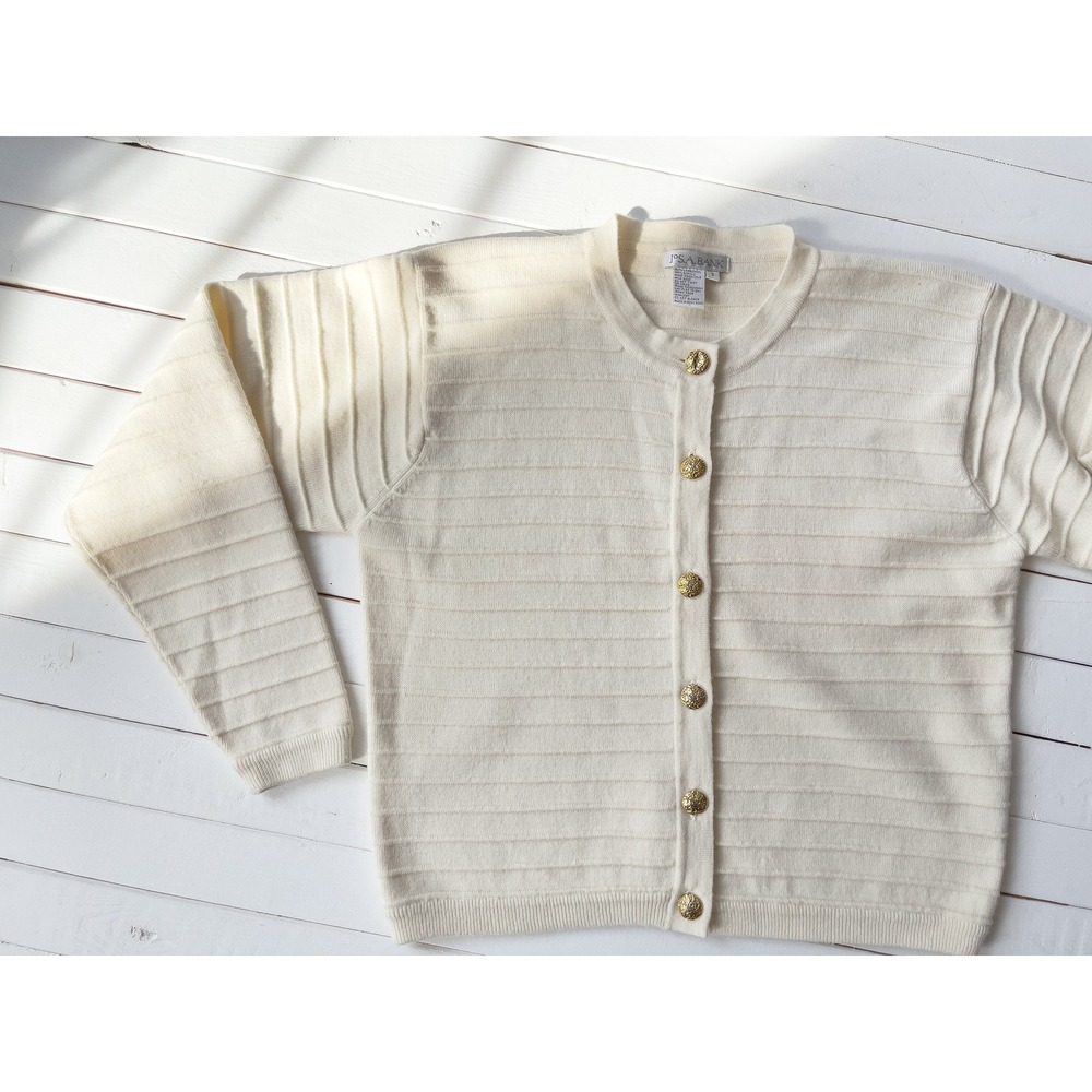 cream wool sweater 90s vintage Jos. A. Bank minimalist white‎ lambswool cardigan - Picture 2 of 3